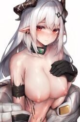 arknights armband breasts gloves horns looking_at_viewer mudrock_(arknights) nipples oripathy_lesion_(arknights) red_eyes snm_(sunimi)