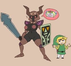 1boy 1girls 2020 areolae armor big_breasts black_eyes blonde_hair blush breasts clothed_male_nude_female dark_skin eyebrows helmet highres holding holding_shield holding_sword link metachoke nintendo nipples nude phantom_(zelda) possession princess_zelda pussy shield shrug smile smug speech_bubble sword teeth the_legend_of_zelda the_legend_of_zelda:_spirit_tracks tiara toon_link toon_zelda vagina