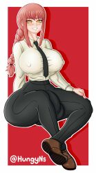 1futa balls bangs black_pants black_tie blush blush_lines braid braided_ponytail breasts brown_shoes bulge bulge_through_clothing chainsaw_man clothed clothing flaccid fully_clothed futa_only futanari huge_balls huge_cock huge_hips human hungy light-skinned_futanari long_hair looking_at_viewer makima_(chainsaw_man) nipples_visible_through_clothing penis red_background red_hair sitting smiling solo thick_thighs tie visible_nipples white_shirt wide_hips