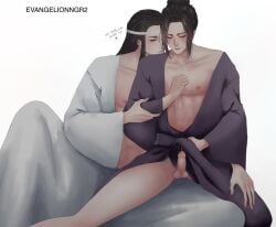 2boys bishonen black_hanfu clothed_sex clothing ejaculation english_text erection gay gay_sex hanfu hearts jiang_cheng lan_xichen long_hair long_hair_male male_only mo_dao_zu_shi penis penis_out pokkuchan2 testicles white_hanfu yaoi