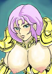 1girls areola aries_mu armor big_breasts breasts busty cleavage female gold_saints human long_hair nipples purple_hair rule_63 saint_seiya shounen_jump voluptuous