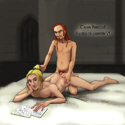 2boys anal anal_penetration anal_sex beard bed blonde_hair condom_on_penis dethklok dreadlocks erect_nipples eyebrow_piercing facial_hair gay gearsmoke green_eyes hand_on_cheek legs_held_open long_hair looking_to_the_side male_only metalocalypse mustache nude penis pickles_the_drummer piercings receiving_on_stomach red_hair sheet_music sideburns skwisgaar_skwigelf small_dom_big_sub spread_legs tied_hair