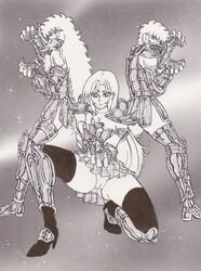 1girls aries_mu armor breasts busty cleavage corset female gauntlets gold_saints high_heel_boots high_heels human leo_aiolia long_hair male monochrome panties rule_63 saint_seiya scorpio_milo shounen_jump skirt spaulders thighhigh_boots upskirt voluptuous