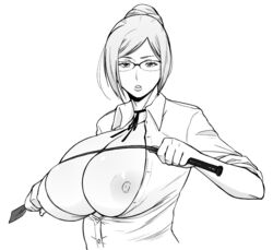 1girls breast_suppress dominant_female female female_only glasses huge_breasts monochrome muronaga_chaashuu nipple_slip nipples prison_school shiraki_meiko solo