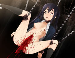 asphyxiation azusa_nakano_(k-on!) beige_skin black_hair bleeding blood blood_stain bondage bottomless bound breasts chain clothes color death disembowelment dutch_angle female female_death female_only gore hair hanged hook human indoors injury intestines k-on! long_hair nipples open_clothes open_eyes orange_eyes puncture round_ears saliva solo suspension tears