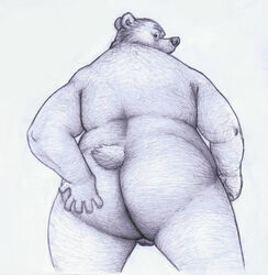 1boy anthro ass backsack balls bear big_ass fur greyscale hand_on_ass looking_at_viewer looking_back low-angle_shot male mammal monochrome nude osos overweight plain_background rear_view solo standing superchub white_background