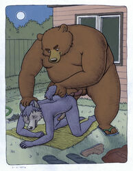 all_fours anal anthro ass backyard balls bear big_dom_small_sub blue_fur brown_fur canine clothing doggy_style duo erection feet footwear from_behind fur grass house larger_male male mammal night nude osos outside overweight penis sandals sex shoes size_difference smaller_male tail_grab thick_eyebrows tree underwear window yaoi