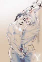 2boys avengers biceps blush bondage bound_wrists captain_america captain_america_(series) erection gay iron_man male male_only maledom malesub marvel muscles navel pecs penis shirt_life steve_rogers tony_stark uncensored undressing yanagoya yaoi