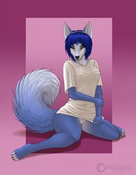 anthro barefoot black_nose blue_eyes blue_fur blue_hair blush bottomless claws clothes color female female_only fox front_view fur furry furry_ears furry_tail hair jameless krystal looking_at_viewer open_eyes pointy_ears short_hair solo star_fox tail vulva white_fur