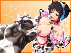 bell bell_collar bovine breast_sucking breastfeeding breasts breasts_out brown_hair collar cow_print idolmaster idolmaster_cinderella_girls lactation milk oikawa_shizuku open_mouth shizuku_oikawa tagme tears