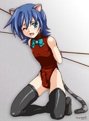 1boy aichi_sendo balls bondage bound_arms bound_wrists cardfight!!_vanguard cat_ears cat_tail erection femboy girly kneeling looking_at_viewer male male_only nipple_bulge penis penis_bulge simple_background skin_tight solo stockings testicles thighhighs trap