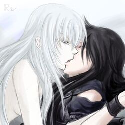 2girls black_hair breasts female human kissing long_hair mariners multiple_girls pale-skinned_female pale_skin pandora_(saint_seiya) saint_seiya saint_seiya:_the_lost_canvas seraphina_(saint_seiya) specters villainess white_hair yuri