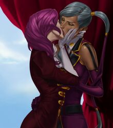 2012 2girls adult adults closed_eyes code_geass cornelia_li_britannia dark-skinned_female dark_skin face_grab female fugi_jis gloves interracial kissing light-skinned_female light_skin lips multiple_girls mutual_yuri neck_grab purple_hair silver_hair villetta_nu yuri