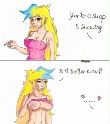 bell_namo big_breasts blonde_hair bra_strap_is_showing_(meme) ear_accessory green_eyes multicolored_hair original_character pink_tank_top smoking thatonebell_(artist) traditional_art wink
