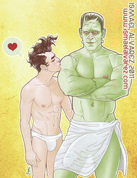 2boys abs black_hair brown_hair frankenstein frankenstein's_monster gay green_skin human ismael_alvarez lean_muscle male male/male male_nipples male_only masculine mature_male muscles muscular_male pecs penis_outline scars smooth_skinned_male tagme towel_around_waist underwear yaoi