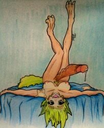 claws futanari green_eyes green_hair large_penis monster_girl original_character pubic_hair solo_futa thatonebell_(artist) traditional_art upside-down