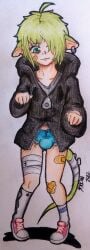 bulge bulge_through_clothing futanari green_eyes green_hair original_character rat_futa rat_girl tail thatonebell_(artist) traditional_art