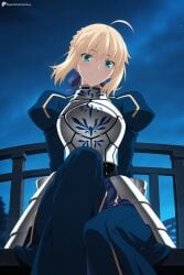 1girl ahoge ai_generated armor armored_dress blonde_hair blue_dress blue_ribbon blush braid breastplate closed_mouth digitalwaifugallery dress fate_(series) gauntlets green_eyes hair_bun hair_ribbon hi_res high_quality high_resolution juliet_sleeves long_sleeves looking_at_viewer night night_sky outdoors patreon puffy_sleeves ribbon saber seductive sexy short_hair sitting sky smile solo star_(sky) starry_sky twitter_username uncensored watermark