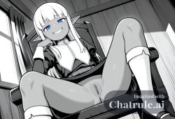 1girl ai_assisted ai_generated beautiful blue_eyes dark_skin day dress general grayscale grin high_contrast highres indoors karla looking_at_viewer no_nose perfect_anatomy pointy_ears pussy sharp_teeth sitting_on_chair slit_pupils smug socks upskirt_view