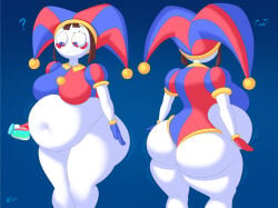 1girls ? ass belly breasts brown_hair fat female female_focus female_only fortnite fortnite:_battle_royale gloves hips ic-icle jester jester_costume jester_girl jester_hat jester_outfit large_ass large_breasts overweight overweight_female pomni_(the_amazing_digital_circus) question_mark slurp_juice stomach the_amazing_digital_circus thick_thighs thighs weight_gain wide_hips