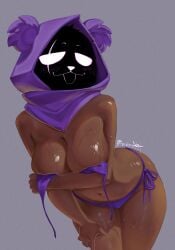 1girls 2025 2d 2d_(artwork) arm_over_breasts artist_signature big_breasts bikini breasts color colored dark-skinned_female dark_skin digital_drawing_(artwork) digital_media_(artwork) drt_l0l epic_games female female_only fortnite fortnite:_battle_royale glistening glistening_body glistening_breasts looking_at_viewer loose_bikini masked masked_female purple_bikini raven_team_leader simple_background solo solo_female wardrobe_malfunction wet wet_body