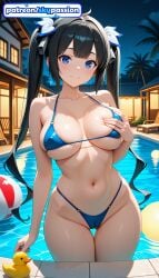 1girls 2026 ai_assisted ai_generated anime bikini blue_eyes boobs breasts bust dungeon_ni_deai_wo_motomeru_no_wa_machigatteiru_darou_ka hestia_(danmachi) hi_res high_quality high_resolution highres long_hair navel patreon patreon_username pool skypassion smile stable_diffusion swimsuit tits twintails water watermark