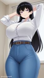 1girl ai_generated arato_nagi arms_behind_head arms_up bangs belt black_bra black_hair blue_pants bra bra_visible_through_clothes bralines breasts brown_belt button_gap closed_mouth collared_shirt curvy denim dress_shirt earrings huge_breasts indoors jeans jewelry large_breasts long_hair long_sleeves looking_at_viewer pants purple_eyes ruri_no_houseki shirt shirt_tucked_in smile solo tented_shirt thick_thighs thighs twitter_username underwear white_shirt
