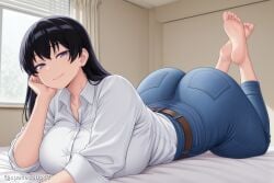 1girl ai_generated arato_nagi ass bangs barefoot belt black_hair blue_pants breasts brown_belt closed_mouth collared_shirt denim dress_shirt earrings feet feet_up hand_on_own_cheek hand_on_own_face indoors jeans jewelry large_breasts long_hair looking_at_viewer lying mature_female on_bed on_stomach pants purple_eyes ruri_no_houseki shirt shirt_tucked_in sleeves_rolled_up smile soles solo the_pose toes white_shirt window