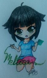 big_penis black_hair bulge_through_clothing chibi chibi_style futa_only futanari green_eyes original_character short_hair solo_futa thatonebell_(artist) traditional_art