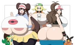 3girls ass ass_cleavage ass_crack bianca_(pokemon) big_ass big_breasts blonde_hair boobs bottomwear bottomwear_halfway_down breasts brown_hair butt_cleavage butt_crack casualdemo glasses hat hilda_(pokemon) large_ass large_boobs large_breasts looking_at_viewer oshawott pokemon pokemon_(species) pokemon_bw pokemon_bw2 rosa_(pokemon) snivy tagme tepig visor