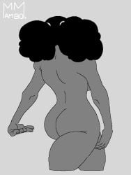 1girls ass back_turned back_view big_ass big_butt black_hair butt curly_hair dark-skinned_female dark_skin female female_focus female_only mambo_master monochrome naked naked_female pigtails