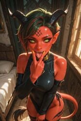 1girls ai_generated demon female green_eyes green_hair humanoid original_character pointy_ears red_skin sable_(scorpianpp) scorpianpp self_upload stable_diffusion