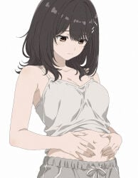 1girl artist_request black_eyes black_hair cleavage closed_mouth dolphin_shorts grabbing_own_belly grey_shorts hibi_wa_sugiredo_meshi_umashi kawai_mako looking_down medium_breasts navel short_hair solo stomach white_tank_top