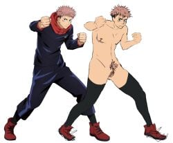 1boy boypussy bush itadori_yuuji jujutsu_kaisen pink_hair pussy pussy_out scars thighhighs top_surgery_scars topless transgender_male yuji_itadori