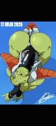 4_fingers alien all_fours anthro big_ass blueberry_(dragon_ball) dragon_ball dragon_ball_z gay green_body green_scales helmet huge_ass male male_only muscular reptile scalie thong yellow_sclera