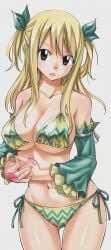 ai_generated bikini brown_eyes collarbone detached_sleeves edited fairy_tail hair_bow highres large_breasts long_hair lucy_heartfilia side-tie_bikini two_side_up underboob upscaled