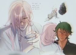 2boys blush blushing cursoulla english english_text glasses kaoru_sakurayashiki kojiro_nanjo light-skinned_male light_skin long_hair male male/male male_chest male_only open_robe page_1 partially_clothed partially_clothed_male pink_hair robe short_hair sk8_the_infinity text thought_bubble yaoi