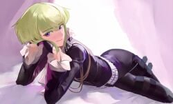 1boy 1femboy androgynous blonde_hair blush blushing blushing_at_viewer bob_cut clothed clothing curvy curvy_male cute_expression femboy femboy_only feminine_faced_male feminine_male fully_clothed leather_clothing lio_fotia looking_at_viewer on_bed petite petite_body petite_male promare questionable short_hair short_male slim slim_male slim_waist smile smiling smiling_at_viewer solo suggestive suggestive_pose thin_waist tight_clothing tight_pants twink