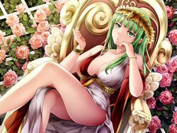 1girls cleavage female female_only fringe game_cg goddess green_eyes green_hair huniepop laurel_crown sitting solo tagme theiatena_venus thighs