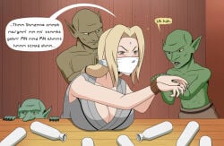 1girls big_breasts blonde_hair bondage brown_eyes cleavage drunk gag glaring goblin imightbemick naruto_(series) tsunade white_skin