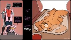 16:9 anthro blank_expression blonde_hair brown_body canid canine canis cannibalism character_prepared_as_food comic cooking cooking_vore corpse death duo empty_eyes english_text execution expressionless female female/female food gore green_eyes grey_body hair hard_vore hi_res lagomorph leporid mammal meat milky_rivas pink_body platter rabbit sauce snuff text vekdal21 vore widescreen wolf