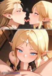 1girl 1girl1boy ai_assisted ai_generated arousal blonde_hair blowjob blue_eyes close_up cock deepthroat erect eyes_rolled_back fellatio intimate jewelry licking long_hair lustful moaning oral_sex penis pleasure pointy_ears quivering saliva slobber suction tongue worship