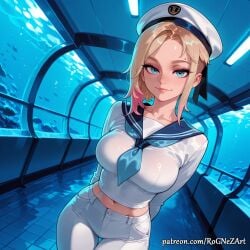 1girl 2026 ai_generated anime arms_behind_back bangs blonde_hair blue_eyes blue_neckerchief boobs breasts cleavage closed_mouth crop_top crossover eye_contact eyebrow_piercing female female_focus gwen_stacy gwen_stacy_(spider-verse) hat highres huge_breasts indoors inside large_breasts long_sleeves looking_at_viewer marvel marvel_comics midriff multicolored_hair navel neckerchief neutral_expression nsfw pants patreon patreon_username piercing pink_hair rognezart sailor sailor_collar sailor_hat shirt short_hair smile smiling solo spider-gwen spider-man_(series) thigh_gap wet_clothes white_headwear white_pants white_shirt