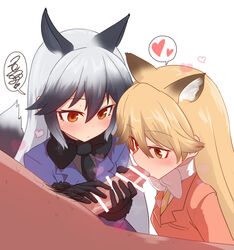 1boy 2girls animal_ears assisted_fellatio bar_censor black_gloves black_hair blazer blonde_hair bow breasts breath brown_eyes censored commentary_request extra_ears eyebrows_visible_through_hair ezo_red_fox_(kemono_friends) fellatio fox_ears gloves hair_between_eyes handjob heart helping_hand holding_penis jacket kemono_friends male_pubic_hair multicolored_hair multiple_girls oral penis pubic_hair silver_fox_(kemono_friends) silver_hair small_breasts spoken_heart spoken_squiggle squiggle straight sumiyao_(amam) teamwork two-tone_hair