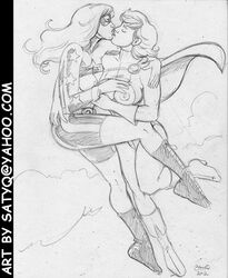 2012 2girls courtney_whitmore dc dc_comics female female_only jsa justice_society_of_america karen_starr monochrome multiple_girls power_girl satyq stargirl superman_(series) yuri