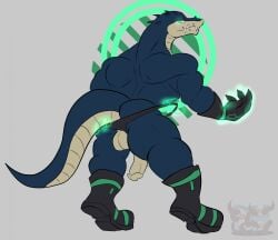 2026 anthro artist_logo back_muscles balls big_muscles black_clothing black_footwear black_gloves black_handwear black_shoes black_thong black_underwear blue_body claws clothing crocodilian daikuhiroshiama disembodied_hand fangs flaccid footwear gavialid gavin_(daikuhiroshiama) genitals gharial gloves glowing glowing_eyes glowing_hands green_energy green_eyes grey_background handwear hi_res huge_muscles humanoid_genitalia humanoid_penis logo looking_back male mostly_nude mostly_nude_anthro mostly_nude_male mouth_closed multicolored_body multicolored_tail muscular muscular_anthro muscular_arms muscular_legs muscular_male muscular_thighs penis psychic_powers rear_view reptile scalie shoes simple_background solo spiked_head tail tan_balls tan_body tan_penis teeth telekinesis thong torn_clothing torn_thong torn_underwear two_tone_body two_tone_tail underwear undressing_self watermark