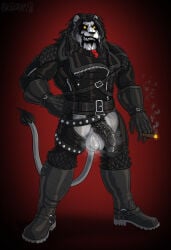 2025 accessory anthro balls beard belt belt_buckle black_metal bodily_fluids boots buckle chaps cigar clothing corpse_paint facial_hair facial_piercing felid footwear genitals gloves grungoth_borgzan grungotharts handwear harness hi_res jacket leather leather_boots leather_chaps leather_clothing leather_footwear leather_gloves leather_handwear leather_harness leather_jacket leather_topwear lion male mammal musk musky_penis necktie nose_piercing occult_symbol pantherine penis pentagram piercing pinup pose shoes smile smiling_at_viewer smirk smirking_at_viewer solo steamy_balls steamy_penis sweat sweaty_balls sweaty_genitalia symbol topwear uniform zipper