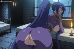 1girl ai_generated akiyama_rinko anus ass bed bent_over blue_hair bodysuit breasts breasts_out candle digitalwaifugallery from_behind hi_res high_quality high_resolution indoors large_breasts long_hair looking_at_viewer looking_back night nipples on_bed parted_lips patreon patreon_username ponytail presenting purple_bodysuit purple_eyes pussy seductive sexy solo taimanin_(series) uncensored very_long_hair watermark window