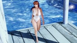 1girl 3d absurdres bare_arms bare_legs bare_shoulders barefoot big_breasts breasts brown_eyes brown_hair ceez_m cleavage closed_mouth collarbone commentary dead_or_alive dead_or_alive_xtreme full_body highleg highleg_one-piece_swimsuit highres kasumi_(doa) lips long_hair looking_at_viewer medium_breasts one-piece_swimsuit outdoors shadow solo swimsuit thighs toes water white_one-piece_swimsuit