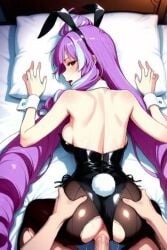 1boy 1girls ai_generated all_fours animal_ears ass back backboob bare_shoulders breasts clothing_aside detached_collar doggy_style facing_away fake_animal_ears fake_tail female female_focus from_behind heart highleg_leotard large_breasts leotard leotard_aside macross_delta male mikumo_guynemer pantyhose penis pillow playboy_bunny pov pussy rabbit_ears rabbit_tail sex sex_from_behind sheet_grab solo_focus straight strapless strapless_leotard sweat tagme tail torn_clothes torn_pantyhose vaginal_penetration video wrist_cuffs